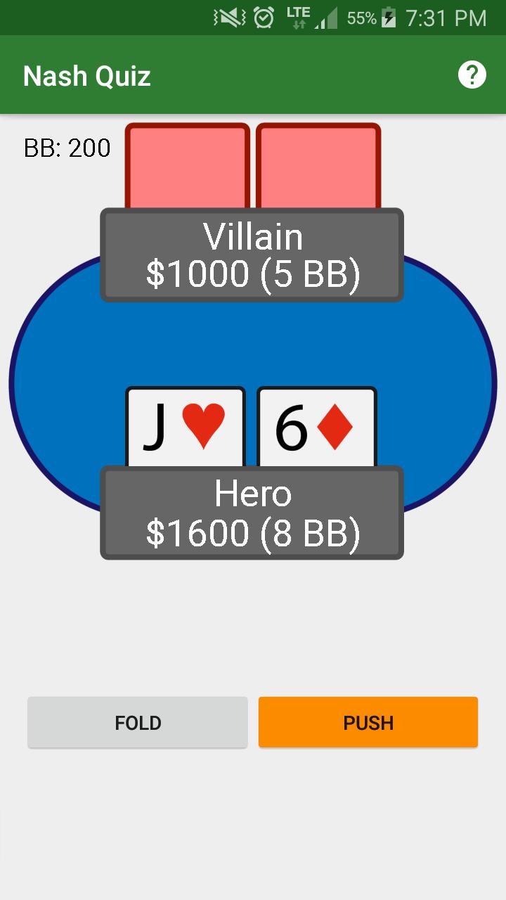 Poker Nash Push/Fold Quiz Pro for No Limit Hold'em